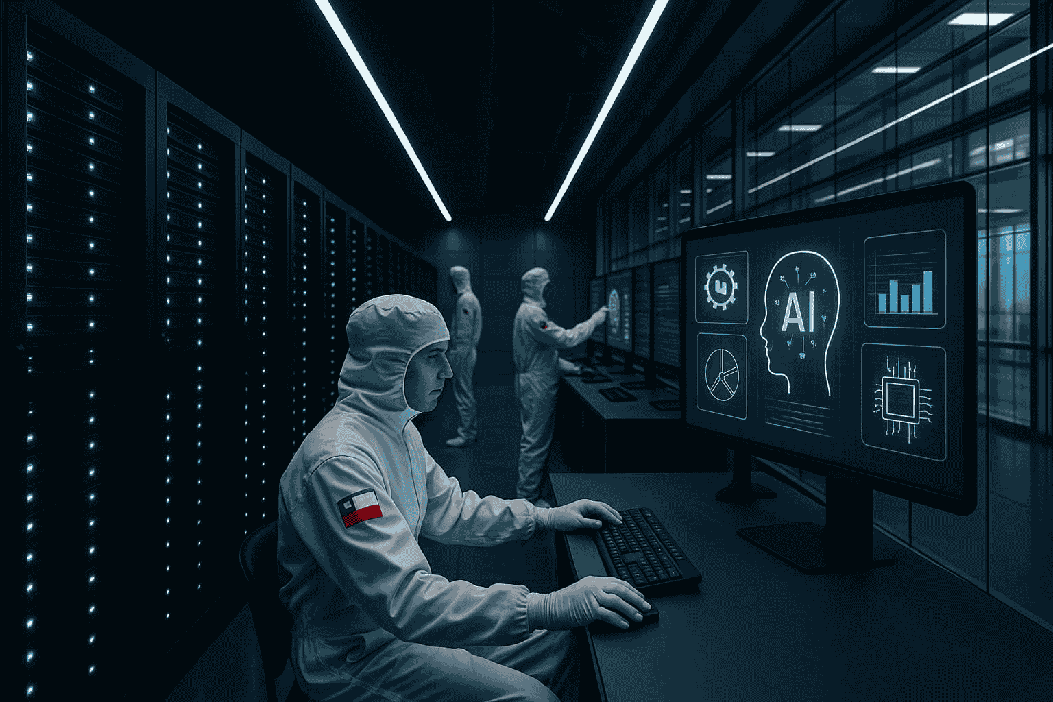 CENIA Supercómputo Inteligencia Artificial Chile Infraestructura Nacional Centro de supercómputo CENIA para inteligencia artificial Chile con infraestructura avanzada, servidores especializados e ingenieros monitoreando sistemas