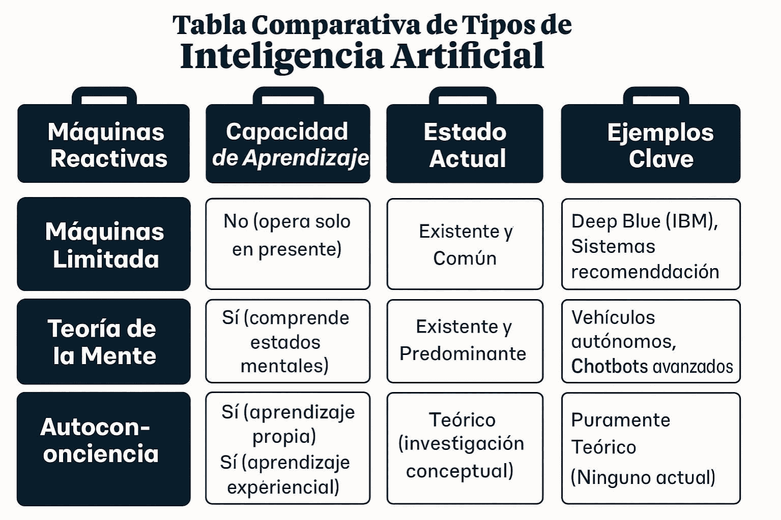 Tabla Comparativa Completa de los Cuatro Tipos de Inteligencia Artificial Tabla comparativa tipos inteligencia artificial Hintze capacidades memoria aprendizaje ejemplos Chile