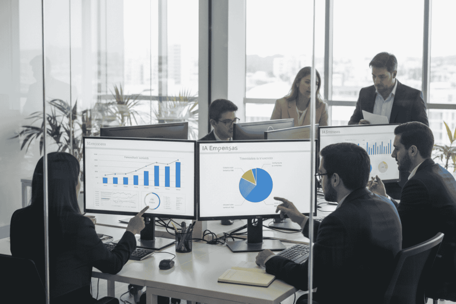 Profesionales chilenos analizando dashboards de IA en oficina corporativa