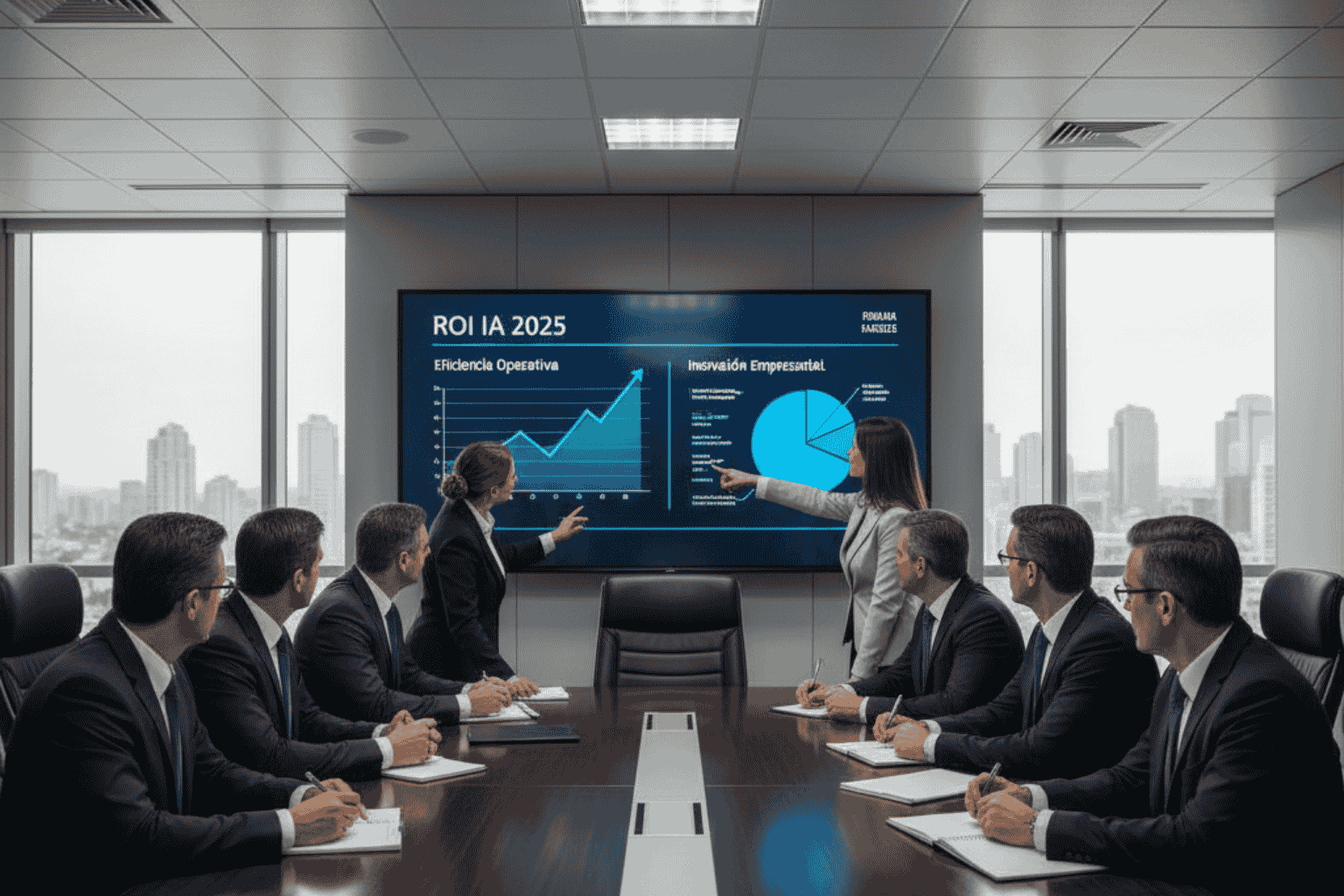 Ejecutivos chilenos evaluando indicadores de ROI con apoyo de IA