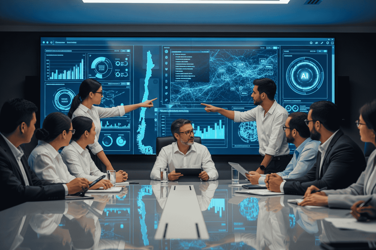 Reunión de trabajo implementación IA en empresas chilenas