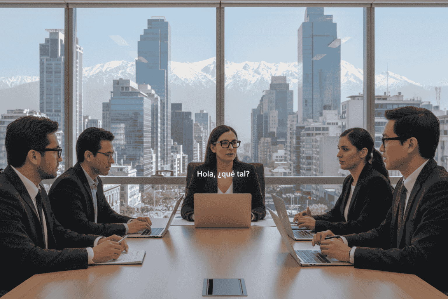Ejecutivo chileno usando gafas IA Meta Chile en reunión de negocios con traducción en tiempo real