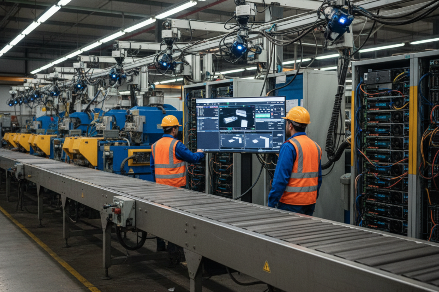 Cámaras industriales inteligentes con IA supervisando procesos de producción en Chile, integradas en un sistema de Industria Visión Computadora IA desarrollado por JhedAI.