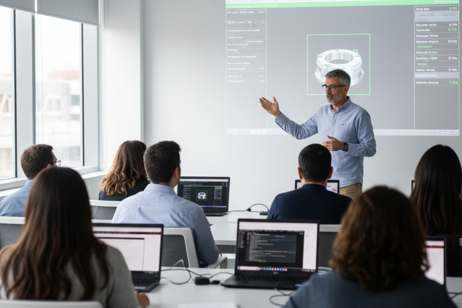 Julio Hofflinger dirigiendo una capacitación en Industria Visión Computadora IA en Santiago, con profesionales aplicando modelos visuales en laptops y proyección de resultados.