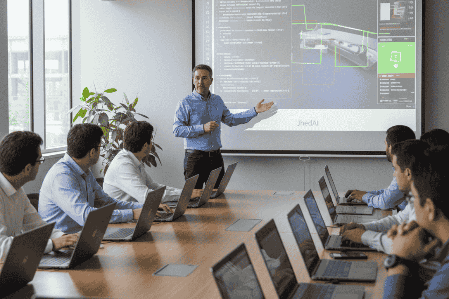 ulio Hofflinger liderando una capacitación en Manufactura Visión Computadora IA en JhedAI Santiago, con profesionales aplicando modelos visuales industriales.