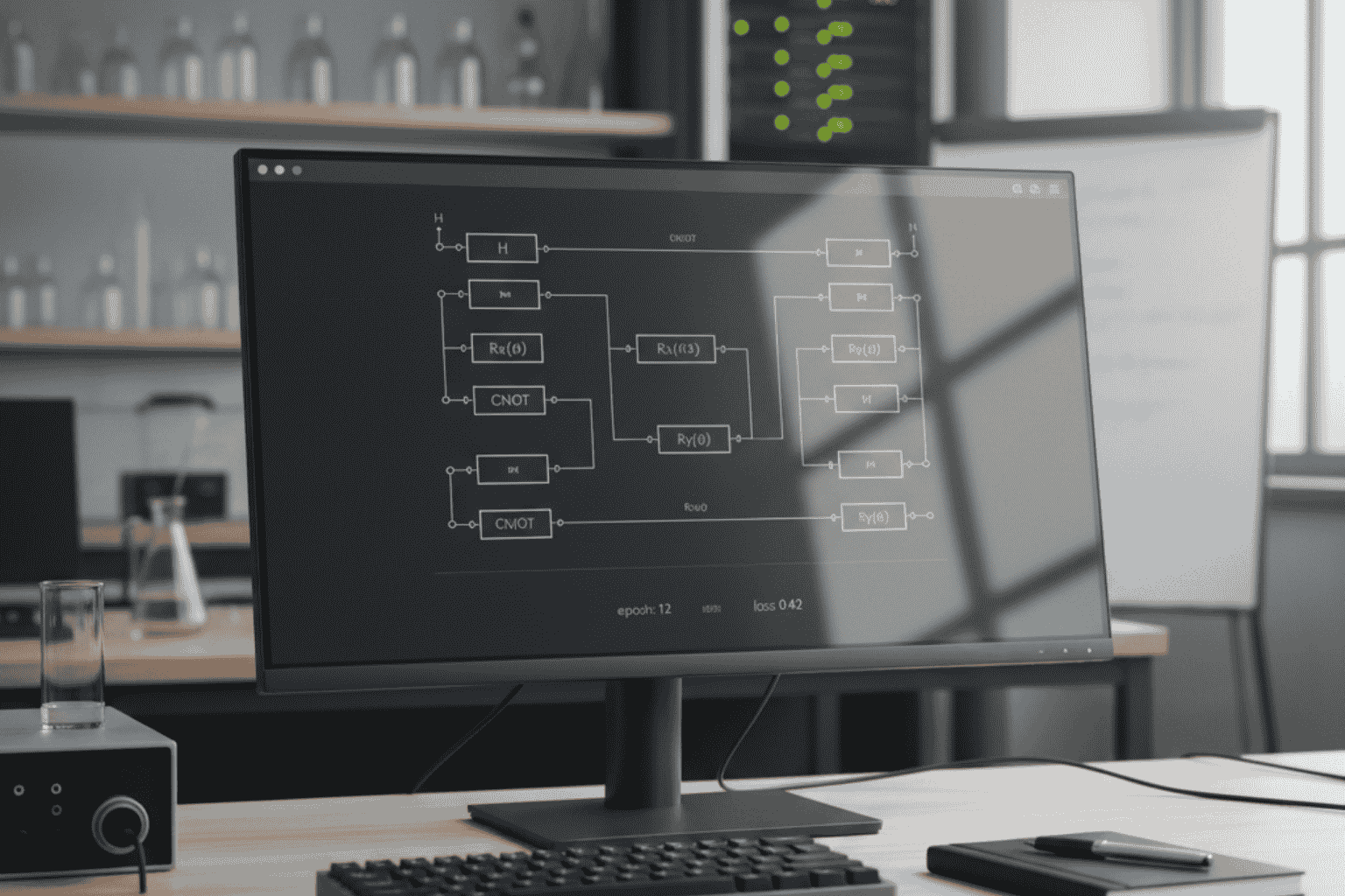 Pantalla digital mostrando un circuito cuántico variacional optimizado por IA.