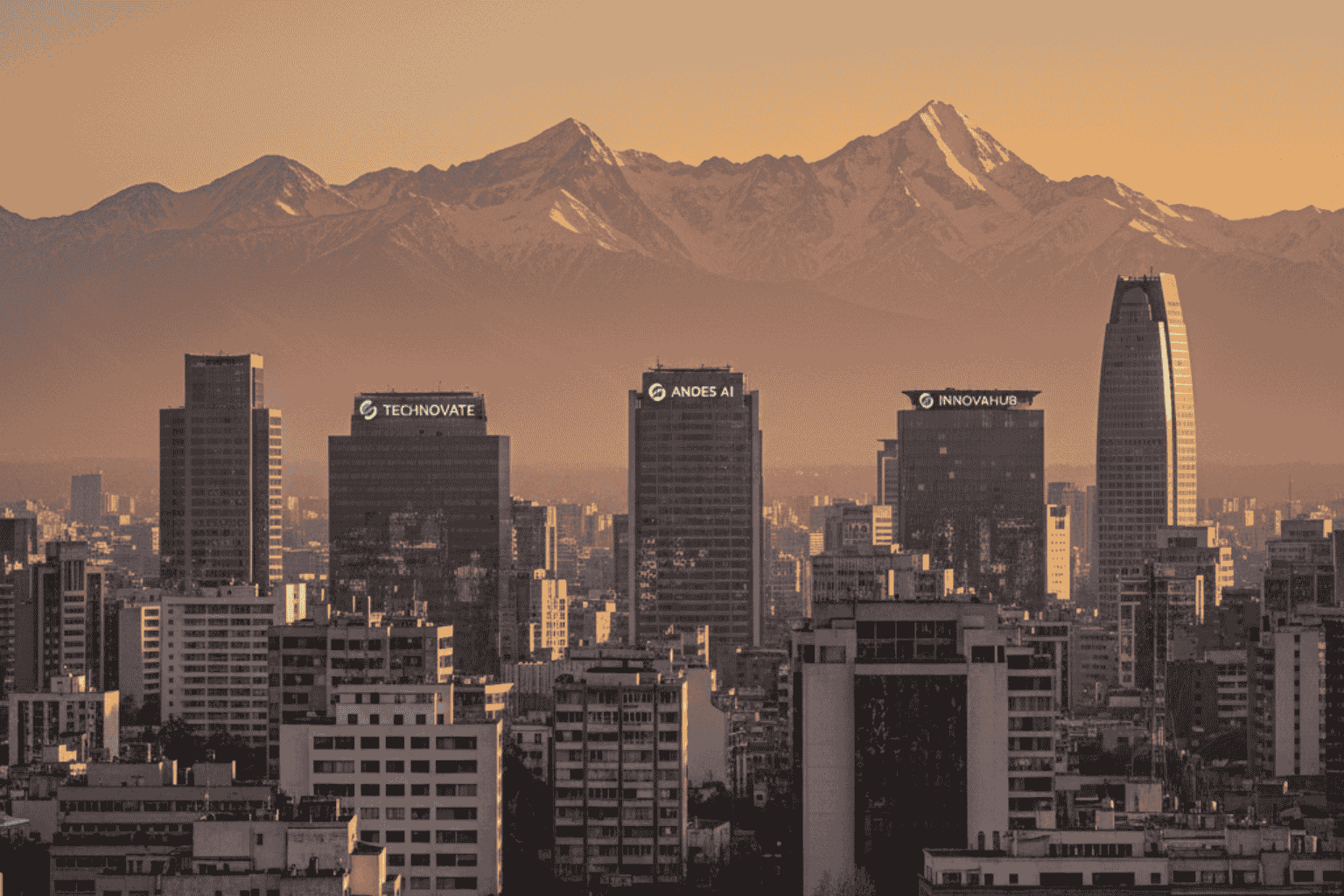 Panorámica de Santiago de Chile mostrando el ecosistema de empresas IA y visión computacional con Andes al fondo.