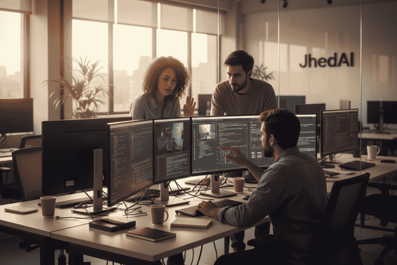 Equipo JhedAI realizando capacitación práctica en visión por computadora e inteligencia artificial en oficina moderna en Santiago de Chile.