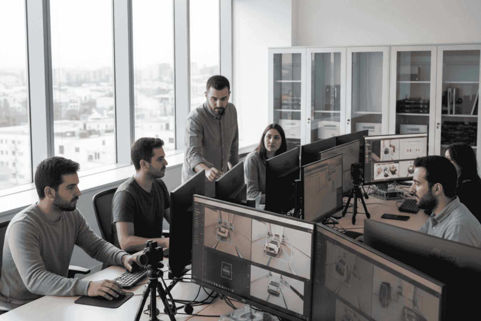 Fotografía hiperrealista de un equipo de ingenieros de JhedAI trabajando en proyectos de Innovación Visión Computadora IA.
Se observan monitores con algoritmos de detección de objetos, iluminación natural y entorno profesional, representando la investigación tecnológica en Chile.