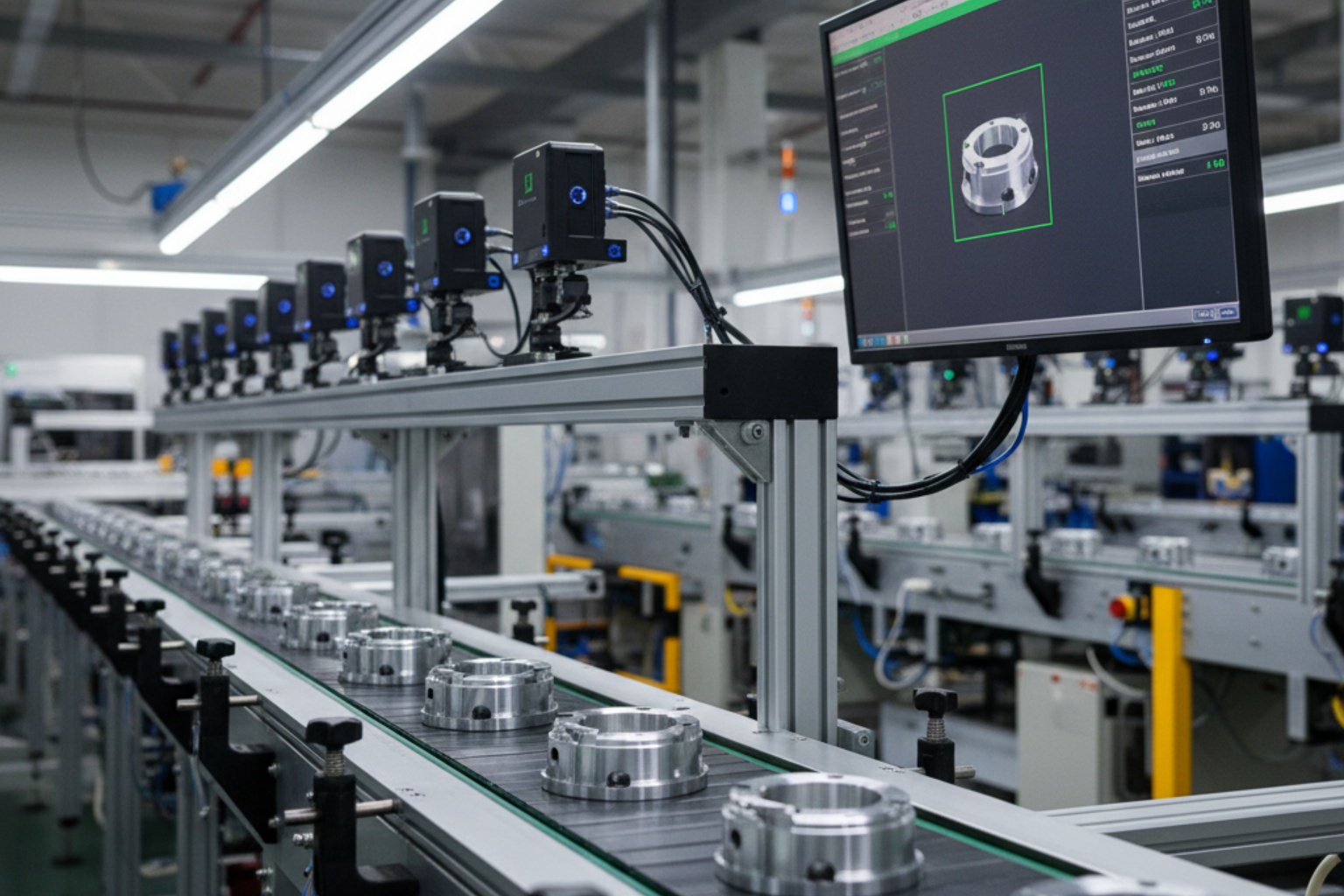 Sistema de visión por computadora industrial con IA inspeccionando productos en línea de producción chilena, mostrando detección automática en tiempo real.