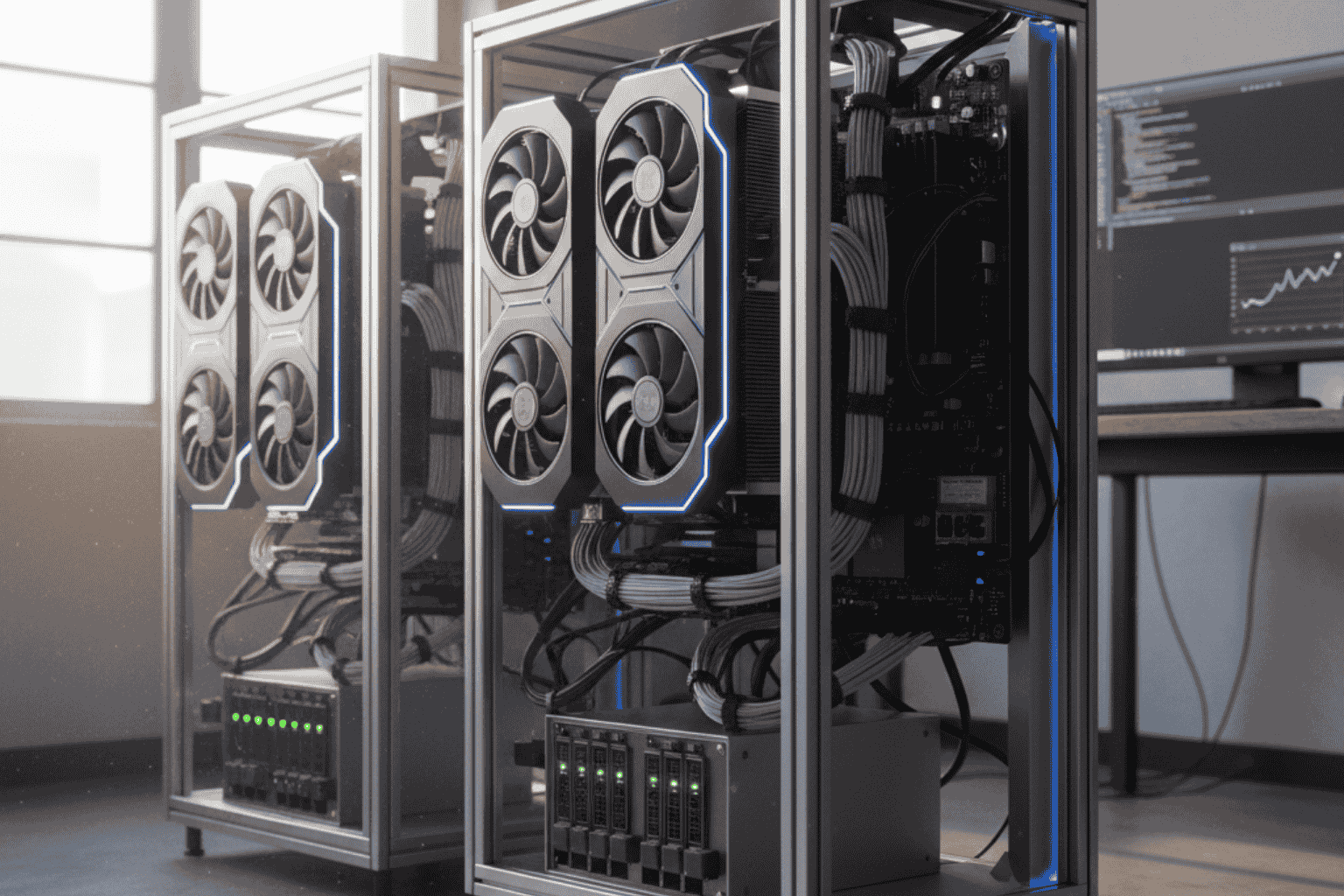 GPU de alta gama ejecutando simulación cuántica en laboratorio de JhedAI.