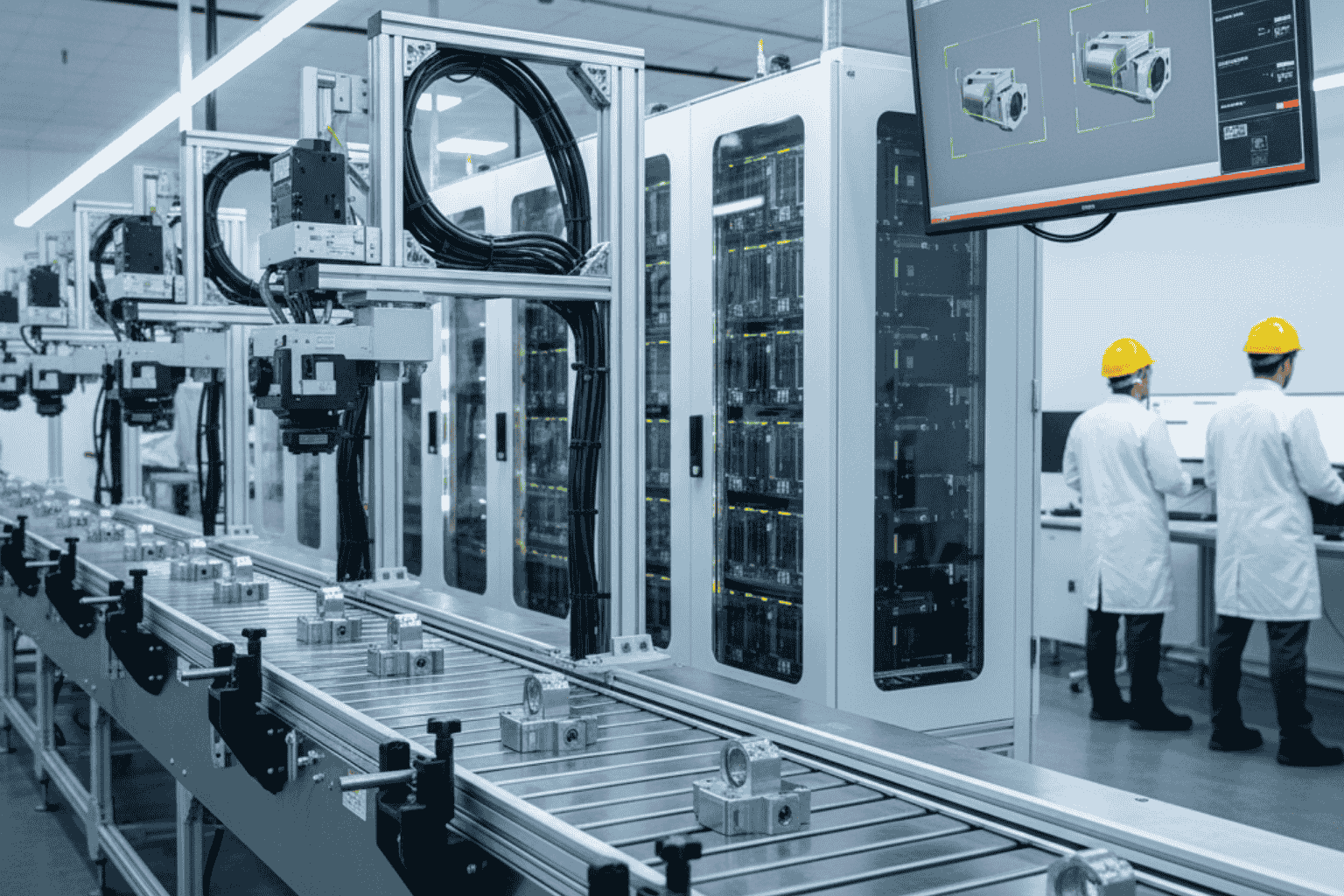 Fotografía fotorrealista de un sistema industrial que utiliza cámaras de visión por computadora conectadas a GPUs para control de calidad.
Representa la aplicación de la Innovación Visión Computadora IA en procesos productivos de Chile, mejorando la eficiencia y reduciendo errores humanos.