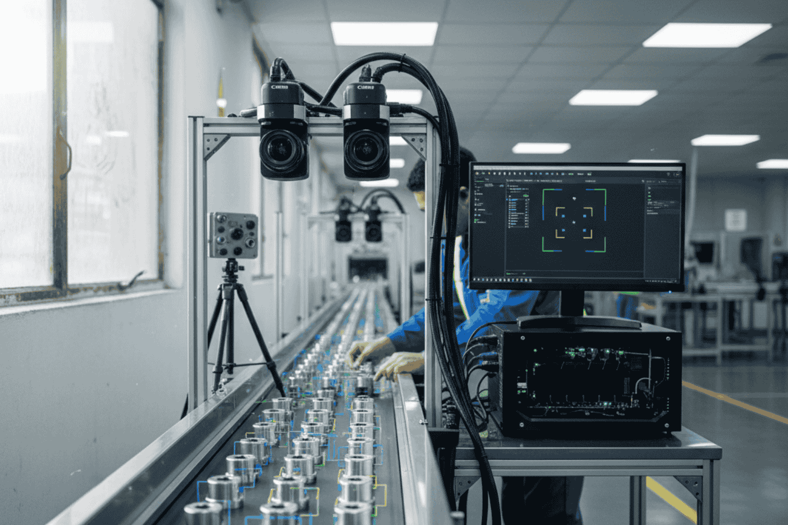 Calidad en ComputerVision Chile IA — Inspección Industrial Automatizada Cámaras industriales de JhedAI analizando componentes metálicos en planta chilena con IA visual aplicada a control de calidad.