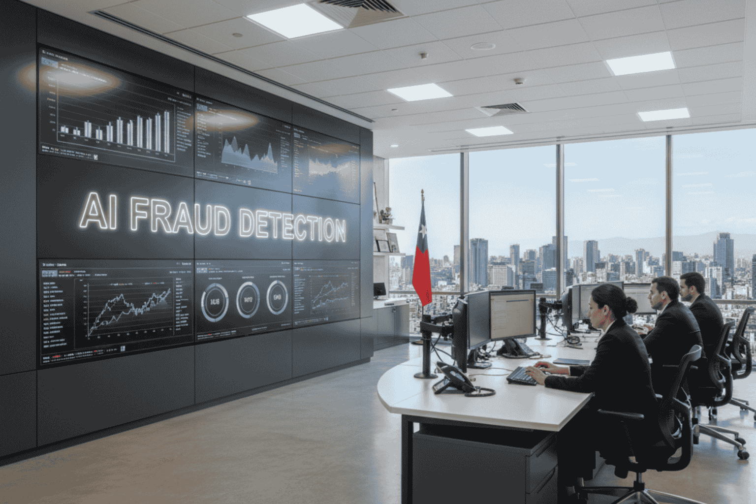 Oficina bancaria en Chile con sistemas de IA para detección de fraudes en tiempo real