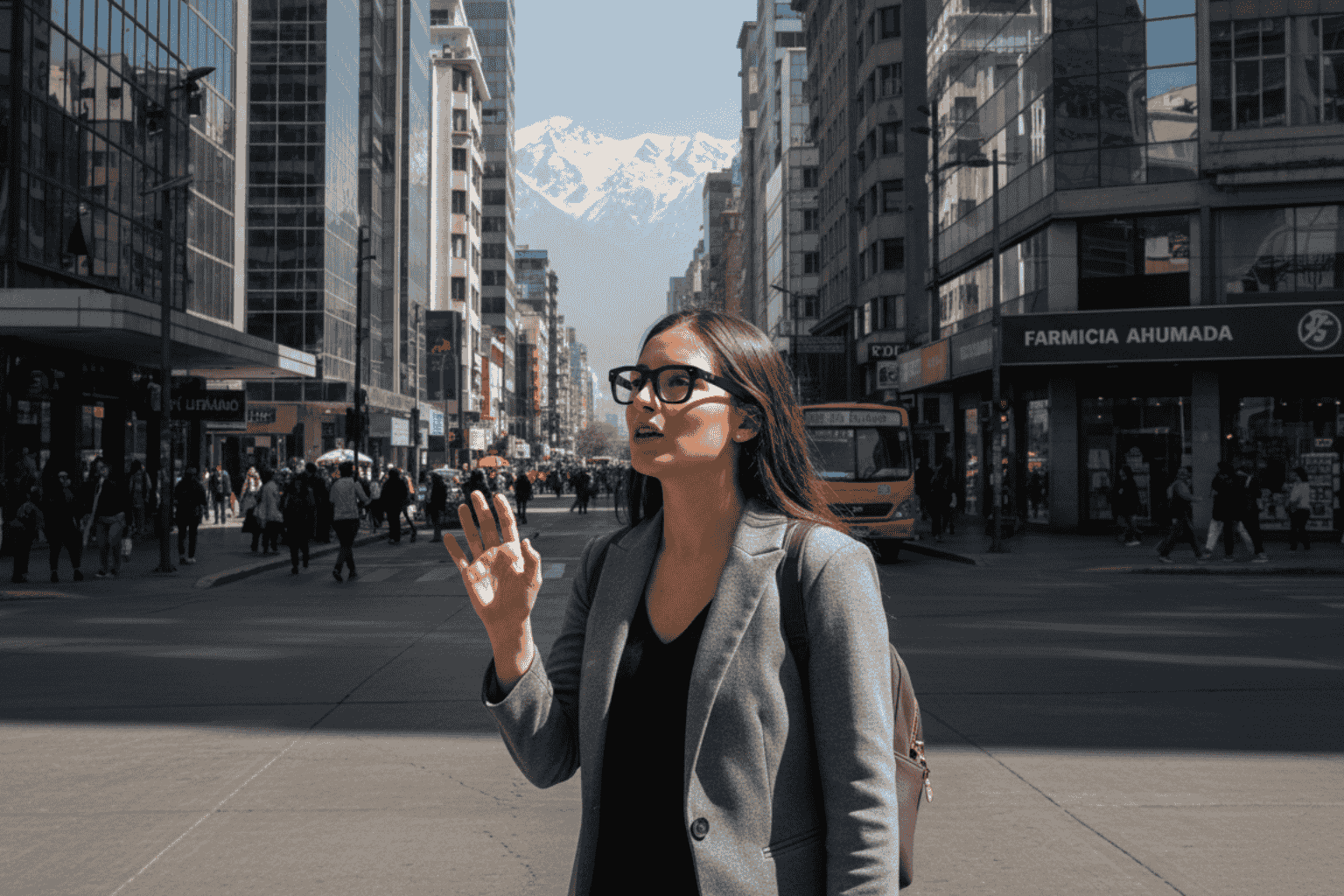 Profesional joven en Santiago usando gafas IA Meta Chile en entorno urbano
