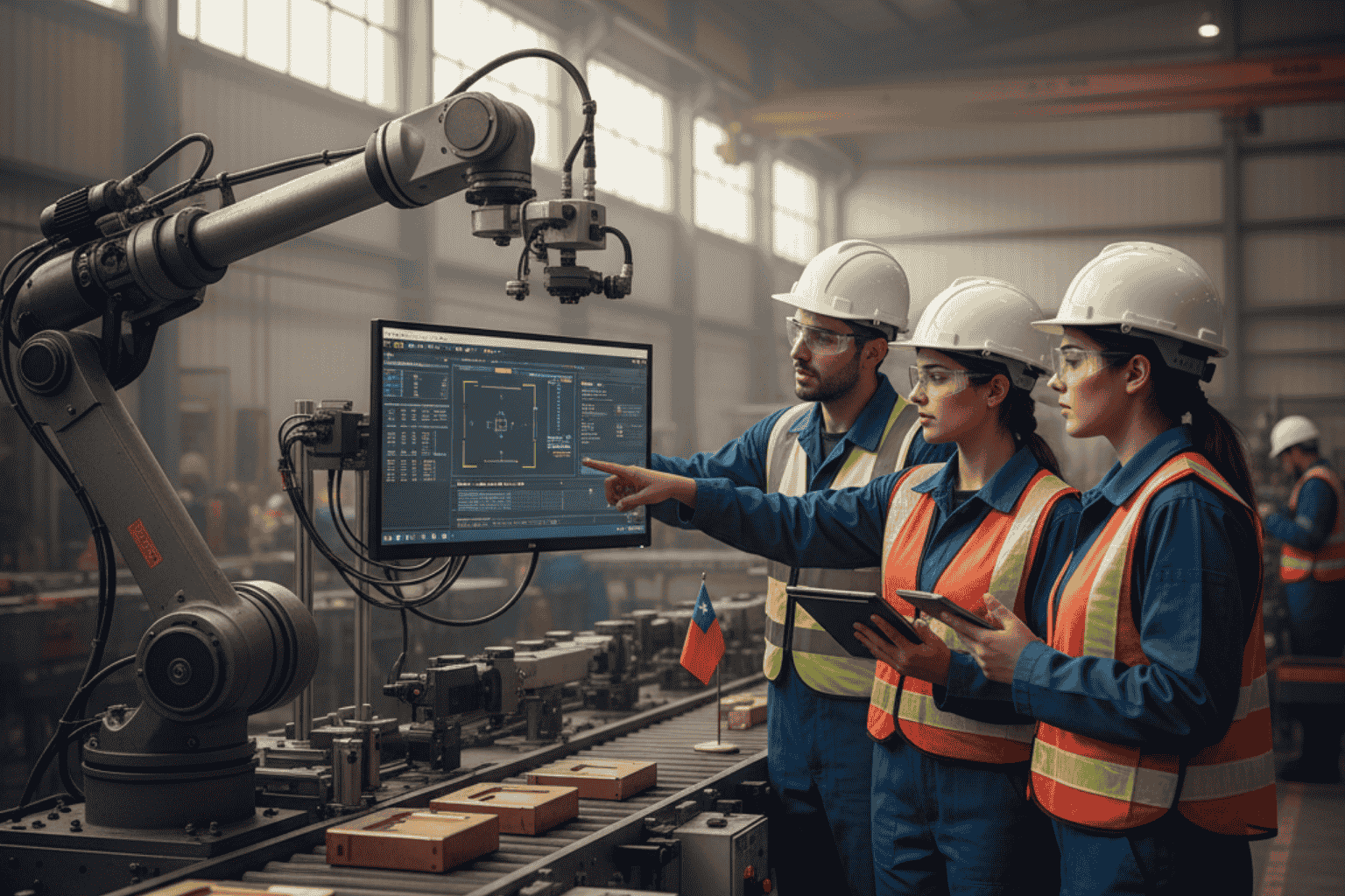 Ingenieros chilenos utilizando sistemas de visión computacional para inspección de calidad automatizada en una planta industr