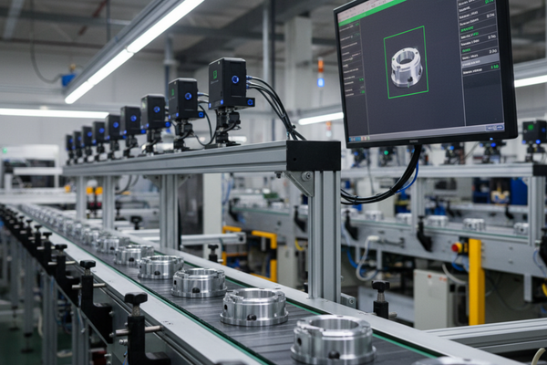 Sistema de visión por computadora industrial con IA inspeccionando productos en línea de producción chilena, mostrando detecc